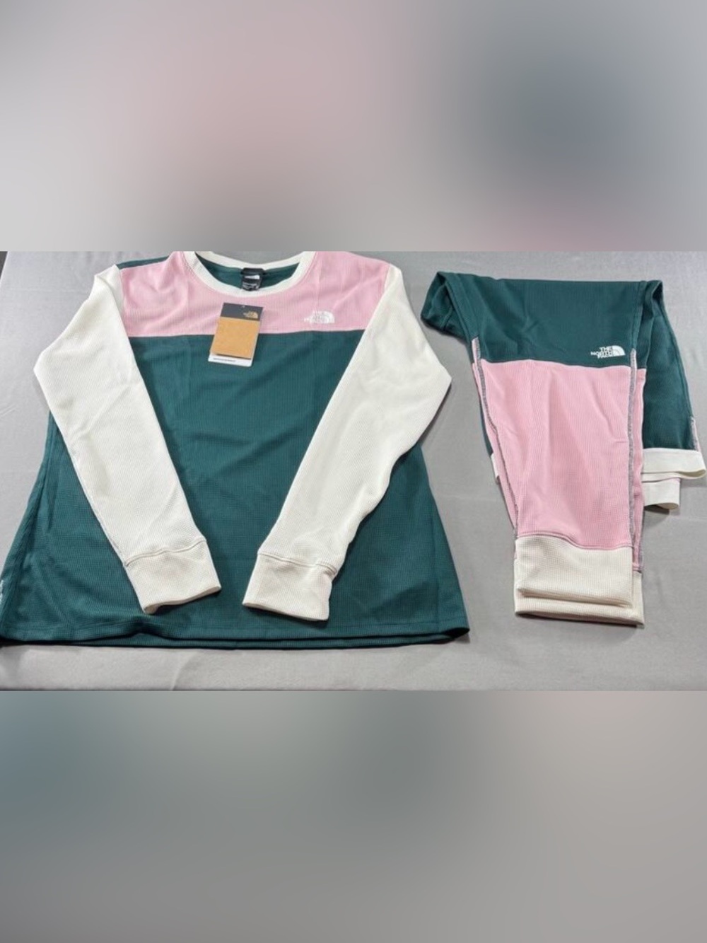 The North Face Waffle Base Layer Set XXL Pink Green Thermal Top Leggings NWT